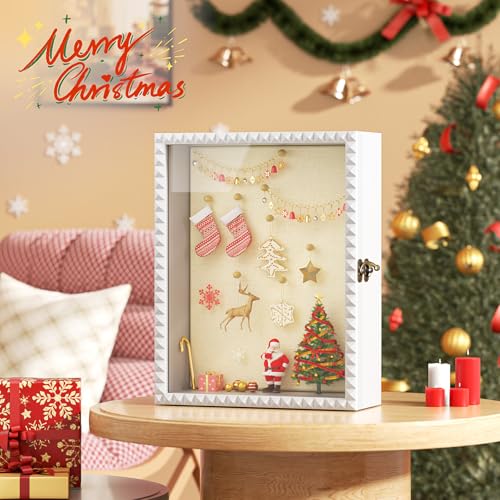 SZQINJI Shadow Box Frame 11x14 Deep Large Shadow Box Display Cases Wood Memory Box with Diamond Shape Door Vintage Lock fo...