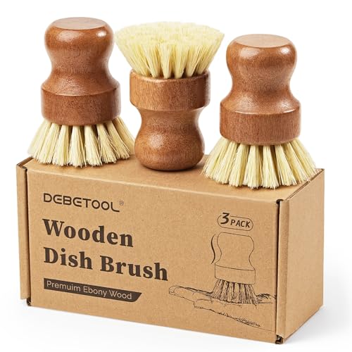 DEBETOOL 3-Pack Wooden Dish Brush - Natural Dish Scrubber & Vegetable Brush with Sisal Bristles, Kitchen Scrub Brush for P...