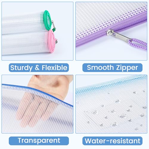 Sooez 20 Pack Mesh Zipper Pouch Bags, A4 Letter Size, Zipper Bags with Label Pocket, Waterproof Pouches for Classroom Orga...