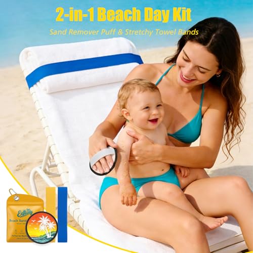Exqusdy 2 in 1 Sand Remover for Beach + Elastic Towel Bands for Cruise Chair – Powder Puff with Talc-Free Formula, Windpro...