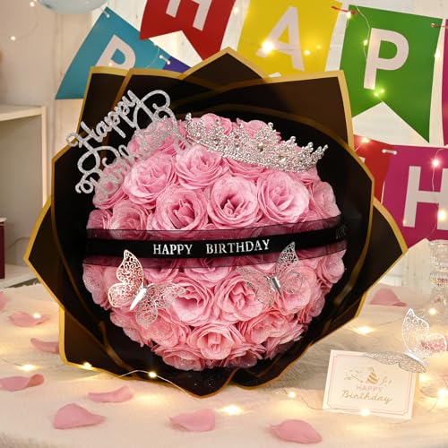 Waipfaru Glitter Roses Bouquet,Birthday Gifts for Women Mom,DIY Fake Flowers Bouquet with Birthday Stand-Up Signs,36 Pink ...
