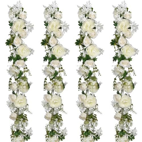 Riceshoot 4 Pcs 6ft Flower Garland with Peony & Rose - Artificial Silk Floral Vine Hanging Fake Roses Vine for Wedding Par...