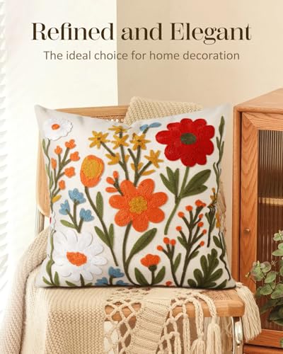 Kokaaee Embroidered Throw Pillow Cover 18x18 Inch - Spring Summer Boho Decorative Pillow Cover with Zipper for Living Room...