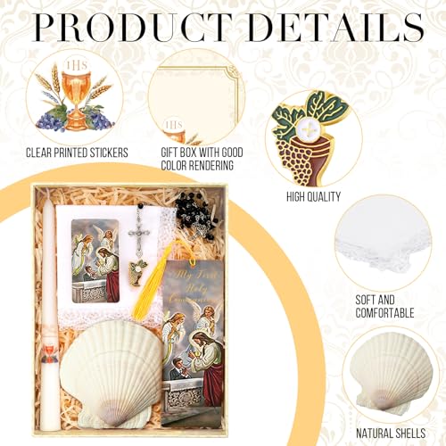 Conelist 7 Pcs First Communion Gift Box Set Catholic Holy 1st Communion Baptism Kit with Candle Rosary Lapel Pin Prayer Ca...