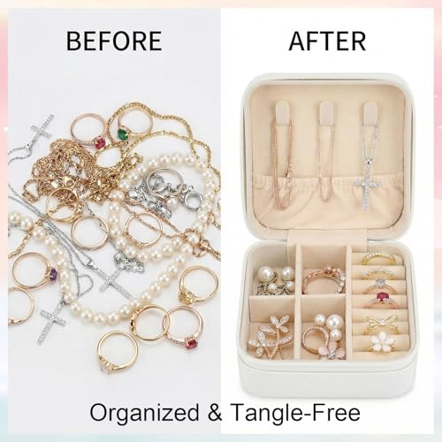 2PCS First Communion Gifts Travel Jewelry Box, 3.94x3.94x1.97 in White PU Leather Case, Religious Cross Flower Jewelry Cas...