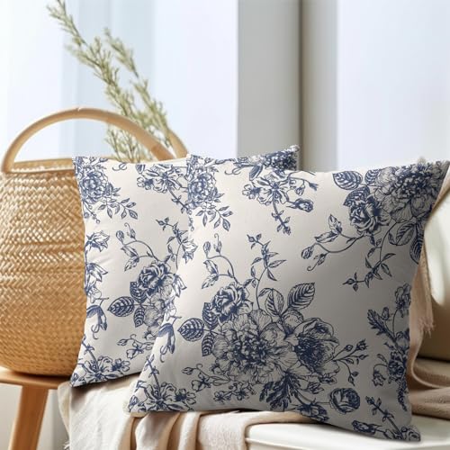 Vintage Floral Pillow Covers 20x20 Inch Set of 2 Navy Blue and Cream Floral Throw Pillow Covers Chinoiserie Flower Pillowc...