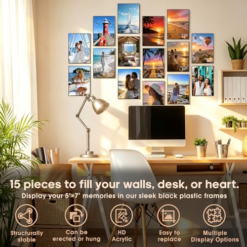 Adoture 15 Pack 5x7 Black Picture Frames, Picture Frame for Home Decor with HD Acrylic for 5x7 inch Photos, Plastic Photo ...