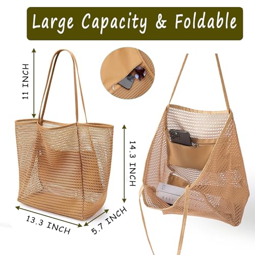 BESSKON Large Beach Bags for Women, Mesh Beach Tote with Zipper, Foldable Pool Tote Bag Travel Beachbag Waterproof Sandproof