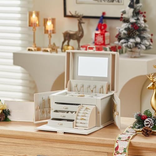 Vlando Jewelry Box Organizer for Girls Women, Large Jewelry Holder Organizer with Mirror, 3 Drawers for Bracelets, Earring...