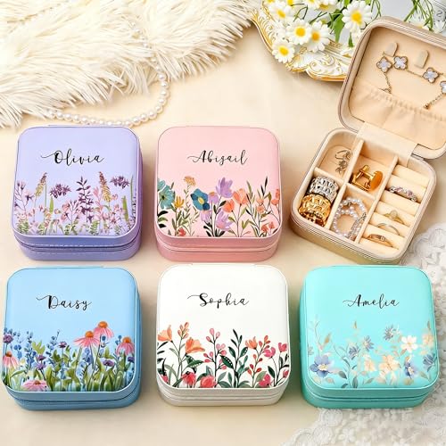 Custom Travel Jewelry Box with Name Birth Flower, Personalized Small Travel Jewelry Case for Rings, Earrings, Necklaces, C...