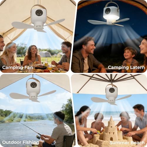Portable Camping Fan, 7200 mAh Tent Fans with LED Light, Remote Control, Detachable Blades and Hook 4 Speeds 3 Brightness ...