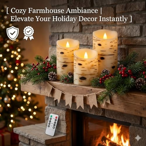 Comenzar Flameless Candles Birch Bark Texture, Flickering Flame Battery Operated LED Candles, Electric Plastic Candles wit...