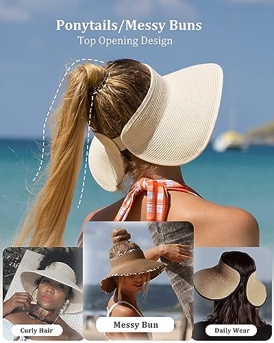 FURTALK Sun Hats for Women Wide Brim Beach Hat Straw Visor Ponytail Summer UV Packable Foldable Beach Vacation Essentials