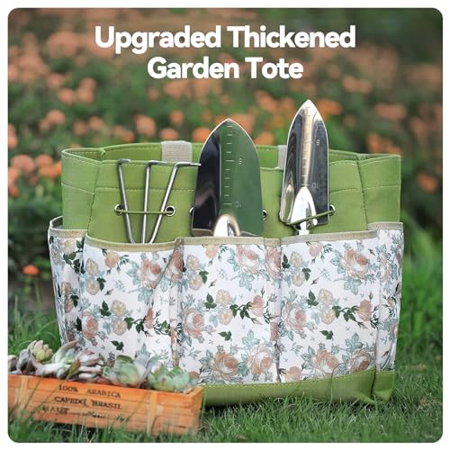 Grenebo Gardening Tools 9-Piece Heavy Duty Garden Hand Tools with Fashion and Durable Garden Tools Organizer Handbag, Rus...