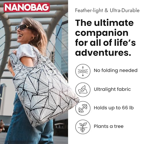 Nanobag Ultralight Foldable Tote for Women & Men, Reusable Grocery & Travel Bag, Packable Collapsible Compact Market Essen...