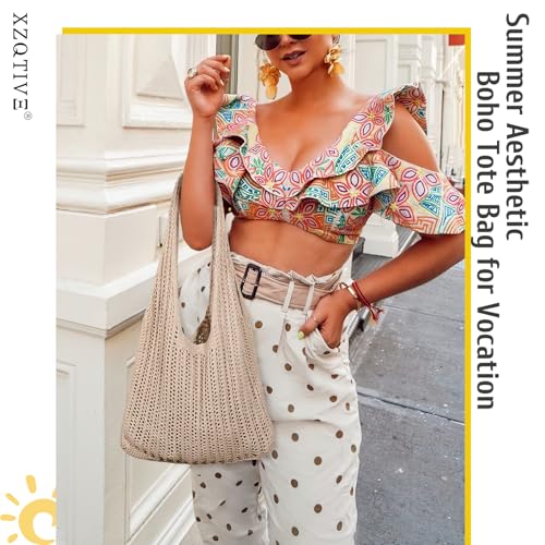 XZQTIVE Crochet Tote Bag for Women Mesh Beach bag for Summer Vacation Aesthetic Hobo Knit Shoulder Bag