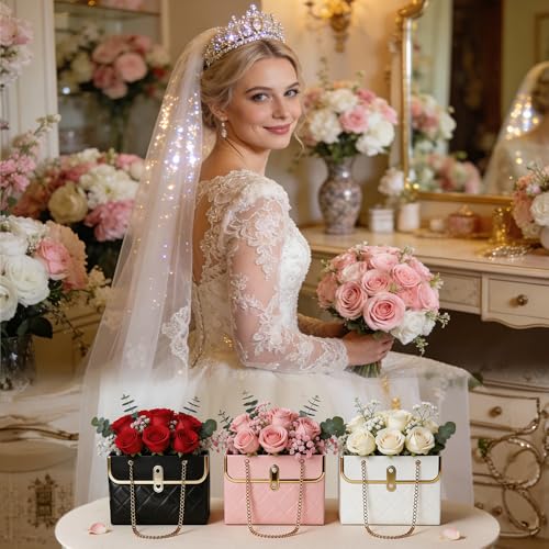 6 PCS Flower Paper Gift Box, Pink White Bouquet Storage Bucket Handbag with Metal Chain Floral Craft Wrap Bag Flower Bags ...
