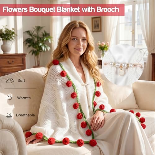 Mom Gifts for Mothers Day, Handmade Knitted Crochet Flower Bouquet Blanket, Birthday Gifts for Women, Anniversary, Weddin...