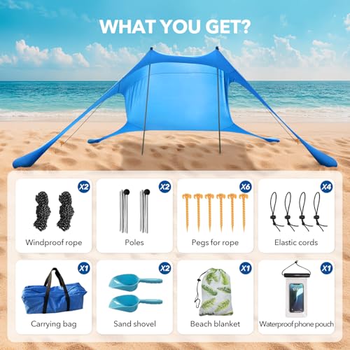 Beach Shade Canopy with Beach Blanket Phone Case Sun Shelter Umbrella UPF50+ Protection Portable 7.5X7.5Ft Camping Tents f...
