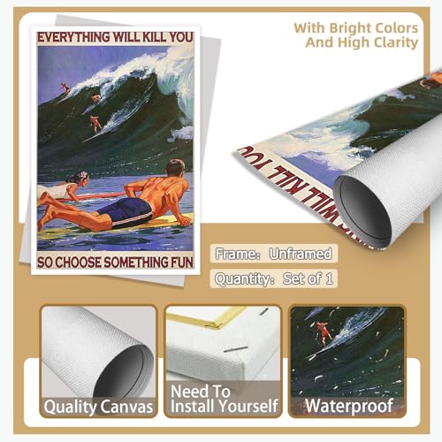 Enveable Retro Hawaii Surfing Fun Poster Summer Tropical Beach Hawaiian Island Beach Art Blue Ocean Wave Surfer Water Spor...