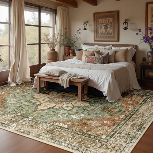 RELEANY Area Rugs 8'x10' Washable Non-Slip, Floral Vintage Distress Print Pattern Medallion Carpet for Living Room Bedroom...