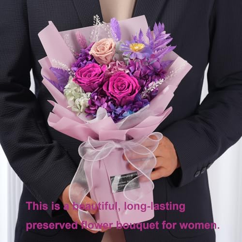 lovenfold Preserved Flowers for Delivery, Purple Rose Bouquets That Last 1-3 Years, Birthday Flowers Gifts for Women Mom G...