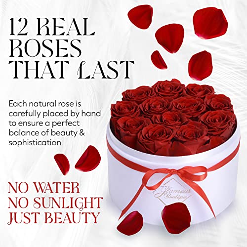 GLAMOUR BOUTIQUE Flowers Forever Gift Box, 12 Real Preserved Roses in Velvet Box, Floral Gift for Her, Mom or Wife for Bir...