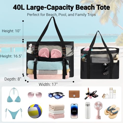 KOKKOYA 40L Large Black Mesh Beach Bag Tote with Zipper Towel Holder Sandproof Waterproof, 17" L x 8" D x 16.5" H