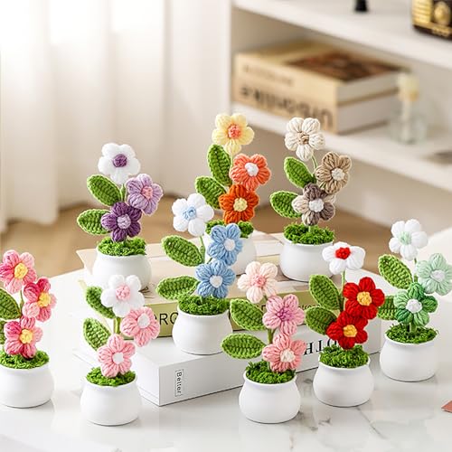 Knitting Crochet Puff Flowers Potted Plants, Gradient Colorful Flowers for Friends, Family and Lover, Handmade Flowers for...