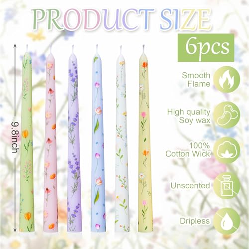 Conelist 6 Pcs 9.8" Floral Long Taper Candles Blue and White Porcelain Candlesticks Tall Smokeless Unscented Tapered Candl...