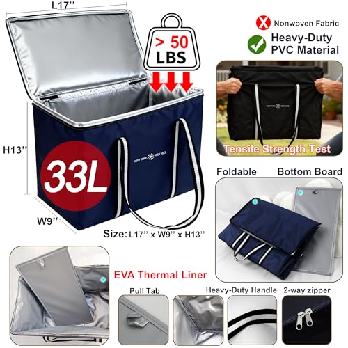 Insulated Food Delivery Bag, Large Durable Reusable Shopping Grocery Bag with Zipper – Foldable Thermal Cooler Bag for Hot...