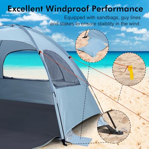 WhiteFang Beach Tent Anti-UV Portable Sun Shade Shelter for 3/4/6/8 Person, Extendable Floor with 3 Ventilating Mesh Windo...