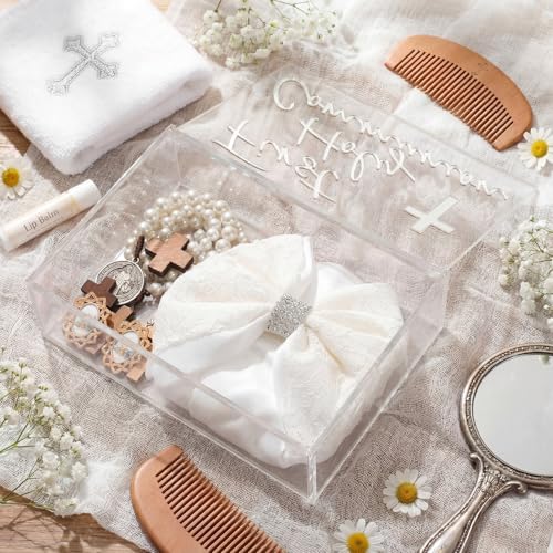 Fiwochic First Communion Keepsake Box Acrylic Baptism Memory Gift Box for Boy Girl Catholic Religious First Holy Communion...