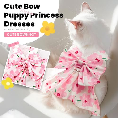 ABRRLO Cute Dog Dress Small Dog Clothes For Girls Female Puppy Outfit Pink Floral Pet Summer Clothes Bowknot Doggy Cat Pri...