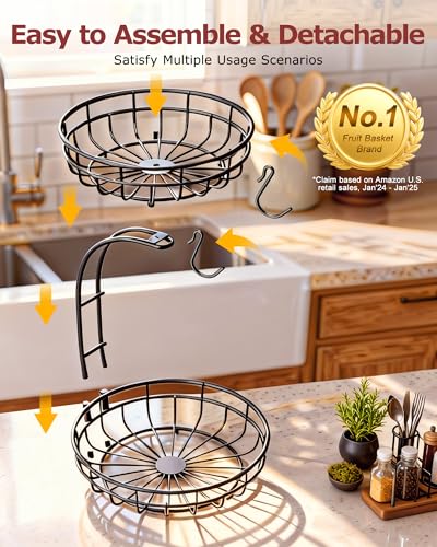Sevenblue 2 Tier Large Fruit Basket for Kitchen Counter with Removable Banana Hanger - Sturdy Iron Fruit Bowl for Kitchen ...