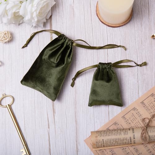 QIANF 12pcs Moss Green Velvet Drawstring Bags 3x4 inches Glossy Small Velvet Cloth Gift Bags Jewelry Pouches for Jewelry S...
