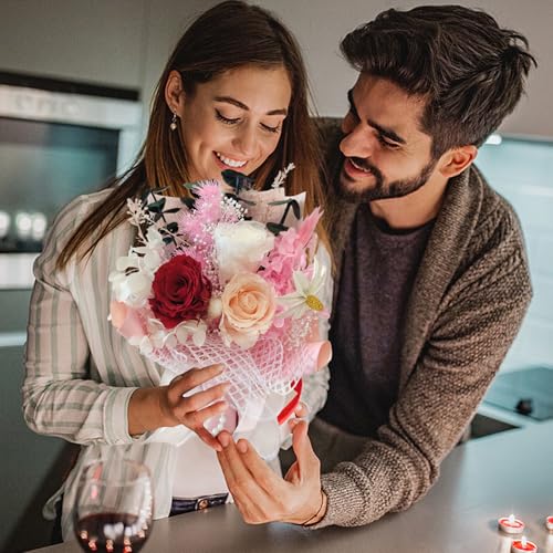 MS.ROXYQUE Preserved Flowers Bouquet Romantic Valentines Day Gift for Her LED Light 3 Preserved Real Rose for Delivery Chr...