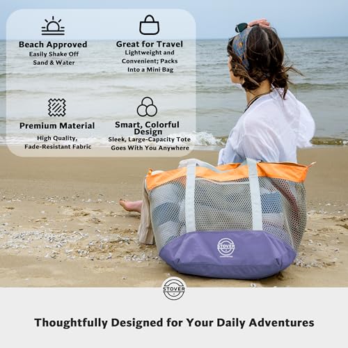STOVER Extra Large Mesh Beach Bag, Vacation, Pool, Shopping & Travel Tote - Foldable w/Storage Pouch & Pockets for Women, Men