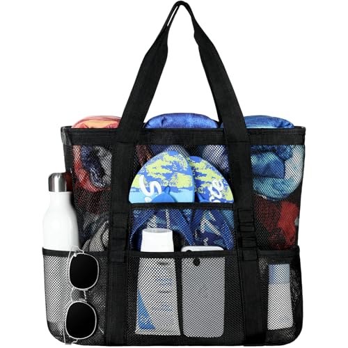 Tavaleu Mesh Beach Bag - Large Beach Tote with Multi Functional Pockets for Family Travel/Vacation