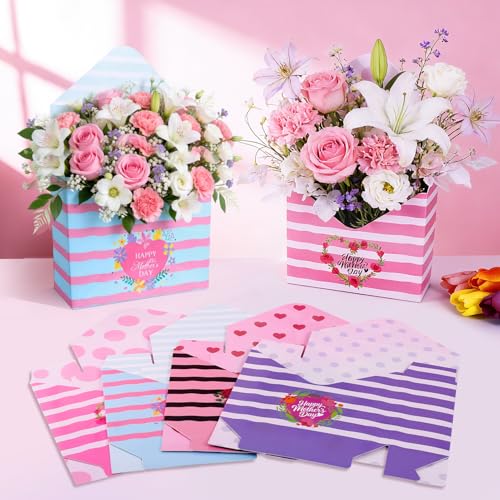 12 Pcs Gifts for Mothers Day Florist Box Mothers Day Bouquet Envelope Boxes Stripe Mother Gifts Floral Envelope Boxes Pape...