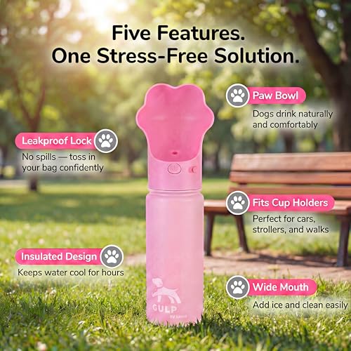 Duna Gulp 18oz Dog Travel Water Bottle with Paw-Shaped Bowl - Insulated Stainless Steel, Leakproof & Portable with Carry S...