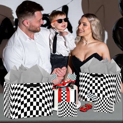Hooqict Large Checkered Gift Bag Black and White Racing Car Gift Wrap Bag with Handles, Tissue Paper, Greeting Cards for K...