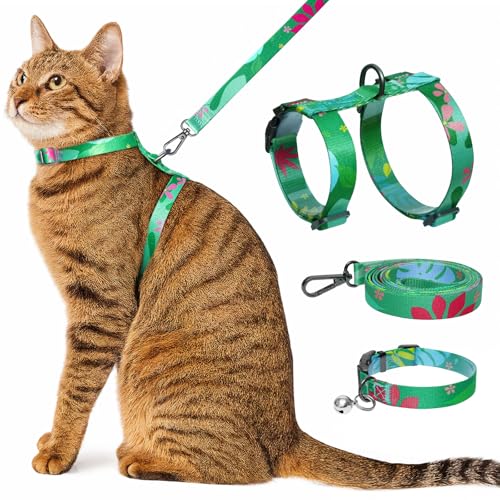 Cat Harness and Leash Set with Matching Collar – Escape Proof Harness for Cats, Adjustable & Lightweight, Tropical Hawaiia...