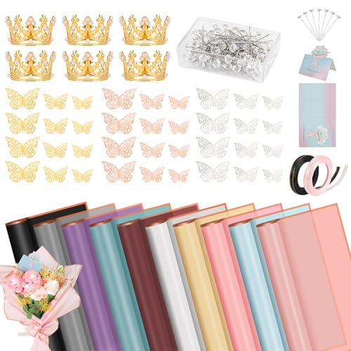 Hossmily 209 Pcs Flower Bouquet Wrapping Paper Waterproof Floral Wrapping Paper Florist Supplies with Butterfly Decoration...