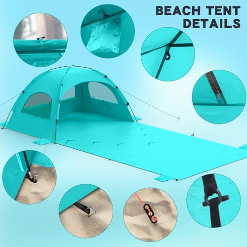 Beach Tent Sun Shelter with Extended Sand Mat 114×82inch，UPF 50+ Protection, 3 Double-Layer Windows for Enhanced Privacy; ...