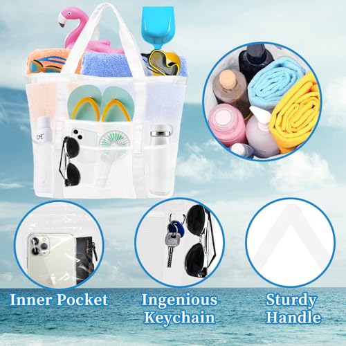 Yunaeduo Large Mesh Beach Bag - Lightweight & Foldable Family Beach Bag with 9 Pockets for Toys, Towels & Vacation Essentials