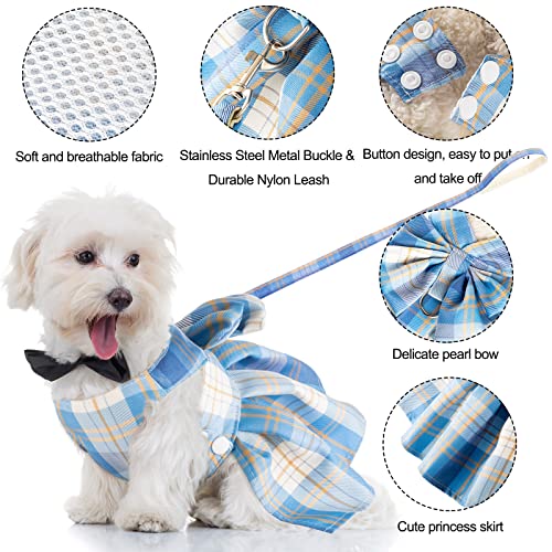 Potchen 4 Pcs Cute Plaid Dog Dress Set with Bow Tie Harness & Leash for Small Dogs, Puppy Clothes for Girls Outfits(Xs,Dar...