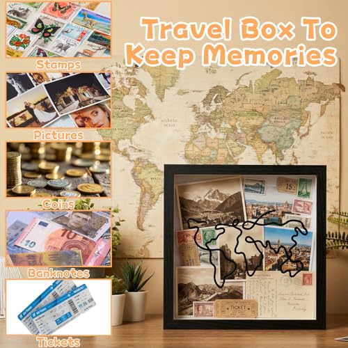 2 Pcs Travel Shadow Photo Keepsake, 8 inch Memory Box Honeymoon Fund Box with Slot Frame Adventure Best Gift for Keepsake ...
