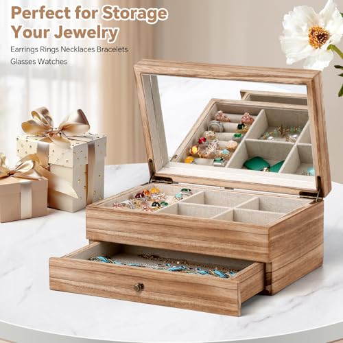 Meangood Jewelry Box Organizer for Women, 2 Layer Large Jewelry Storage Case, Rustic Wooden Jewelry Box with Mirror & Ring...