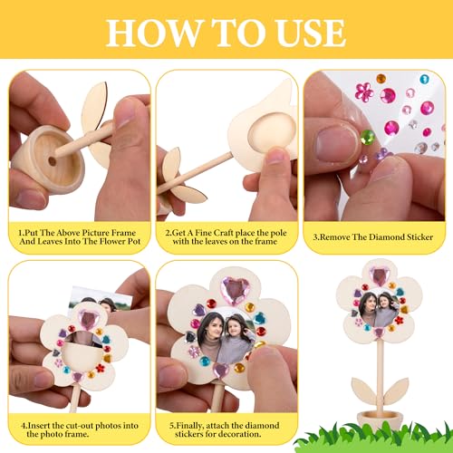 14 Sets DIY Paintable Wood Flowers Photo Holders, Mother's Day Crafts Wooden Flower Picture Frames, Spring Flower Pot Unfi...